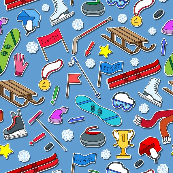 Wzór na temat sportów zimowych, prostych ikon na niebieskim tle — Wektor stockowy