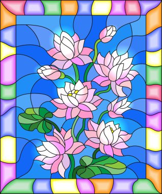 Çiçekler, vitray stiliyle çizimde tomurcukları ve Lotus bırakır