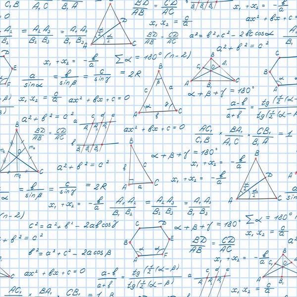 Patrón sin fisuras sobre el tema del tema de la geometría, fórmulas y gráficos teoremas en la hoja del cuaderno en una jaula — Vector de stock