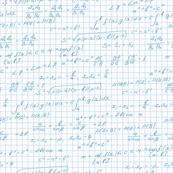 Patrón sin fisuras sobre el tema del tema de la geometría, fórmulas y gráficos teoremas en la hoja del cuaderno en una jaula — Archivo Imágenes Vectoriales