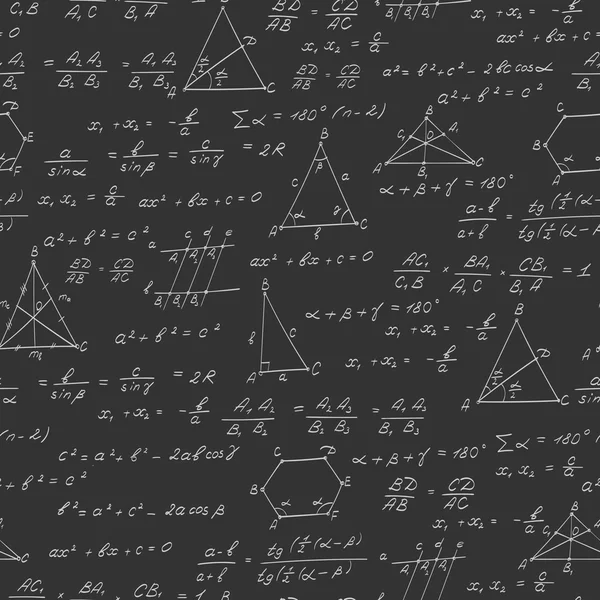 Patrón sin fisuras sobre el tema del tema de la geometría, fórmulas y gráficos de teoremas, un contorno brillante sobre un fondo oscuro — Vector de stock