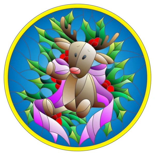Illustratie in gebrandschilderd glas stijl met een hert speelgoed, lint en Holly takken op een blauwe achtergrond, ronde fotolijst — Stockvector