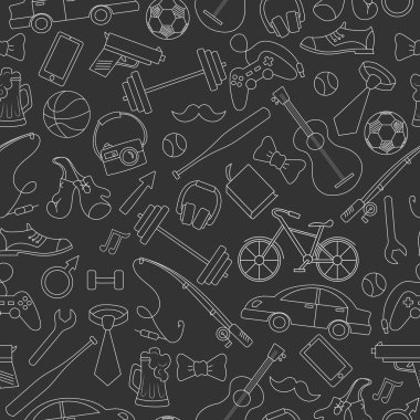 Erkek hobileri ve alışkanlıkları, basit çizilmiş beyaz kontur simgeler siyah arka plan üzerine konulu seamless modeli