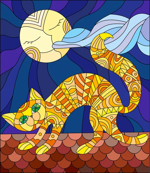 Ilustración en estilo vidriera con gato rojo corriendo por el techo de la casa en el fondo de la luna y el cielo — Vector de stock