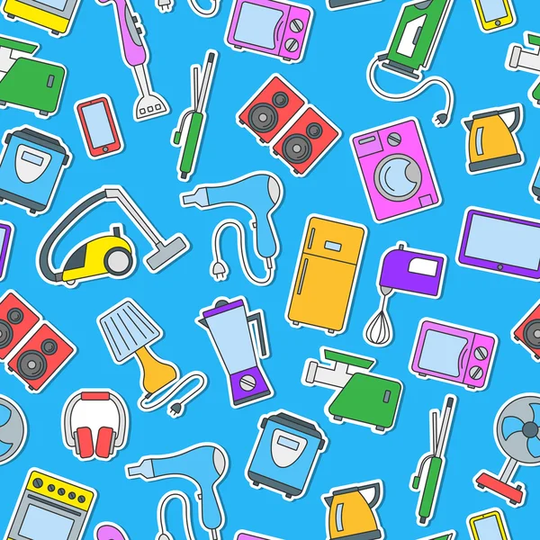 Fondo sin costuras con iconos simples sobre el tema de los electrodomésticos, iconos de colores sobre un fondo azul — Vector de stock