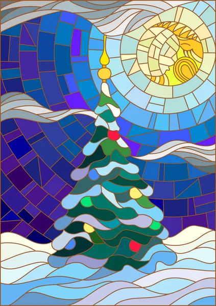 Ilustración en el estilo de vidrieras, árbol de Navidad decorado en el fondo de la nieve y el cielo nocturno con la luna — Vector de stock