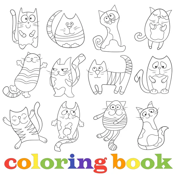 Illustration with set of contour funny cats, coloring book Stock Vector
