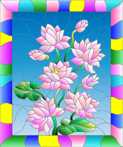 Illustration in stained glass style with flowers, buds and leaves of Lotus — Stock Vector