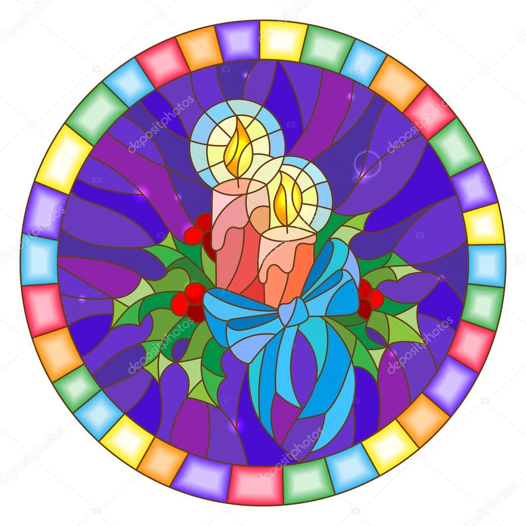 Illustration in stained glass style with candles and Holly branches  on a blue background, round picture frame