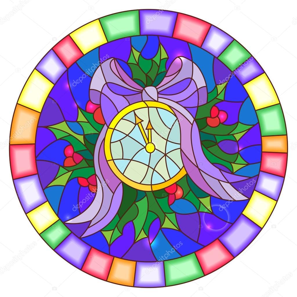 Illustration in stained glass style with round clock showing midnight, Holly branches and bow on blue background, round picture frame