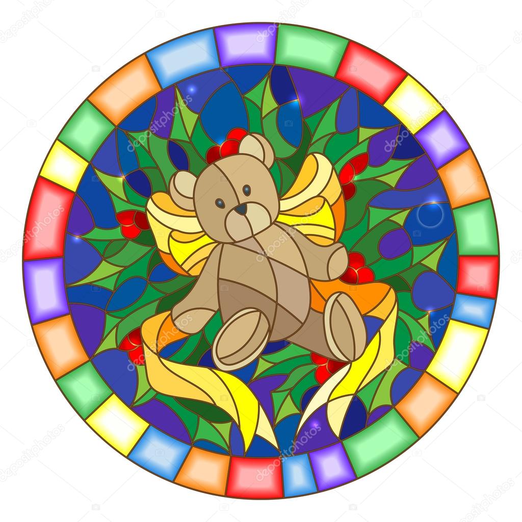 Illustration in stained glass style with a Teddy bear, ribbon and Holly branches  on a blue background, round picture frame