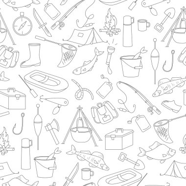 Balık tutma temasında pürüzsüz desen, beyaz arkaplanda basit bir el çizimi kontur simgeleri