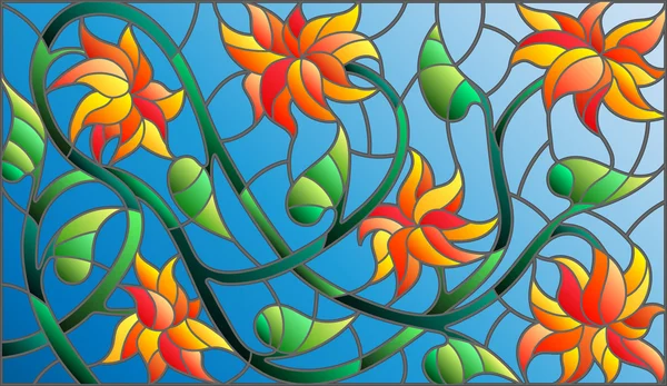 Ілюстрація у вітражному стилі з абстрактними помаранчевими квітами на синьому фоні, горизонтальна орієнтація — стоковий вектор