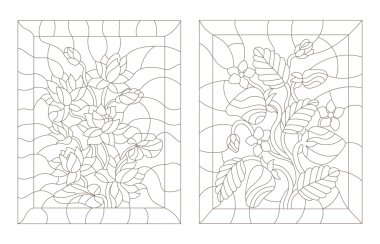 Boyalı cam tarzı, çilek ve nilüfer rengi, beyaz arka planda koyu renk çizgileri ayarlayın