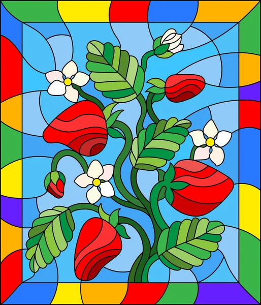 插图在彩色玻璃风格与鲜花，浆果和叶明亮的框架中的草莓 — 图库矢量图片