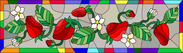 Illustration in stained glass style with flowers, berries and leaves of strawberry in a bright frame — Stock Vector