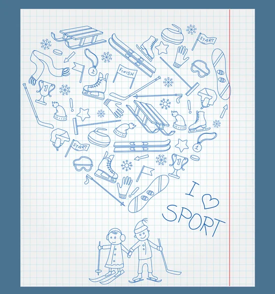 フィールドとウィンター スポーツをテーマにペン画とケージの練習帳の背景画像 — ストックベクタ