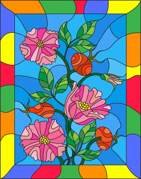 Ilustração em estilo vitral com flores, bagas e folhas de rosa selvagem em um quadro brilhante —  Vetores de Stock