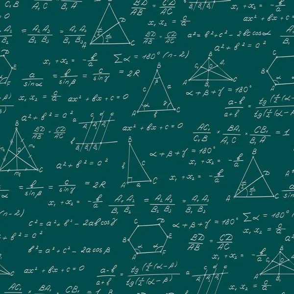 Seamless mönster på temat i ämnet geometri, formler och diagram av satser, en ljusa disposition på en grön bakgrund — Stock vektor