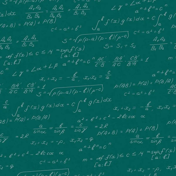 Patrón sin fisuras sobre el tema de las matemáticas, fórmulas, teoremas, personajes de luz sobre un fondo verde — Archivo Imágenes Vectoriales