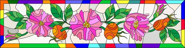 Иллюстрация в витражном стиле с цветами, ягодами и листьями дикой розы в яркой рамке — стоковый вектор