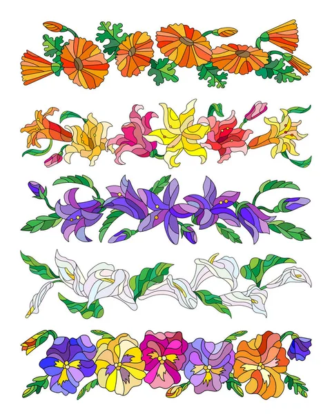 Σύνολο των floral συνθέσεις στο ύφος λεκιασμένο γυαλί σε λευκό φόντο, λουλούδια χωρίς ένα κοινό που είναι δυνατό να μετακινήσετε — Διανυσματικό Αρχείο