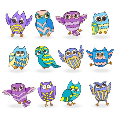 İzole beyaz bir arka plan üzerinde renkli baykuş komik dizi