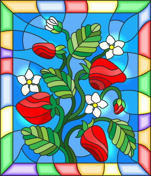 Illustration im Glasmalereistil mit Blumen, Beeren und Erdbeerblättern in einem hellen Rahmen — Stockvektor