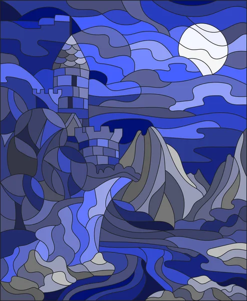 Ilustración en paisaje de estilo vidriera con castillo viejo en el fondo del cielo, la luna, el río y las montañas, gamma azul — Vector de stock