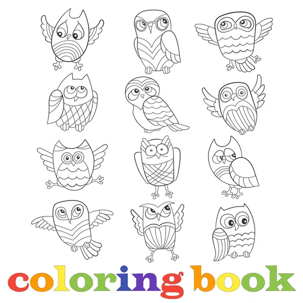 Set van grappige cartoon uilen, contour afbeelding op een witte achtergrond, het kleurboek — Stockvector