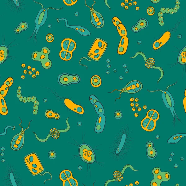 Patrón sin costuras con imágenes de bacterias, gérmenes y virus sobre un fondo verde — Archivo Imágenes Vectoriales