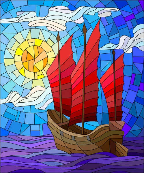 El barco oriental con velas rojas en el fondo del cielo, el sol y el océano — Vector de stock