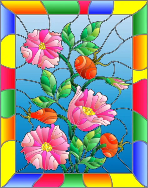Ilustración en estilo vitral con flores, bayas y hojas de rosa silvestre en un marco brillante — Vector de stock