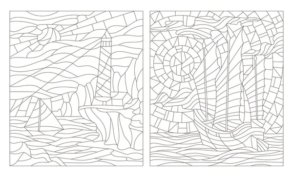 Définir des illustrations de contours de paysages marins, contour sombre sur un fond blanc — Image vectorielle