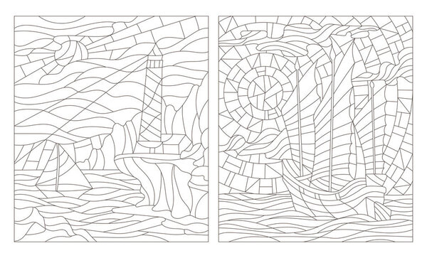 Set contour illustrations of seascapes, dark outline on a white background