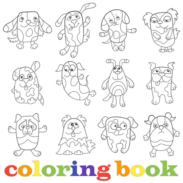 Illustratie met set van contour grappige honden, coloring boek — Stockvector