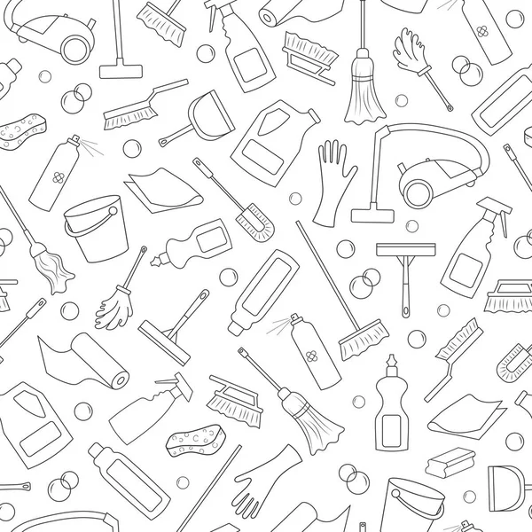 Seamless pattern on the theme of cleaning and household equipment and cleaning products, dark outline on a white background — Stock Vector