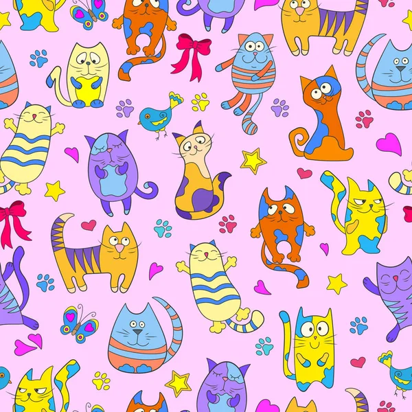 Seamless pattern with funny cartoon cats on pink background Stock Vector