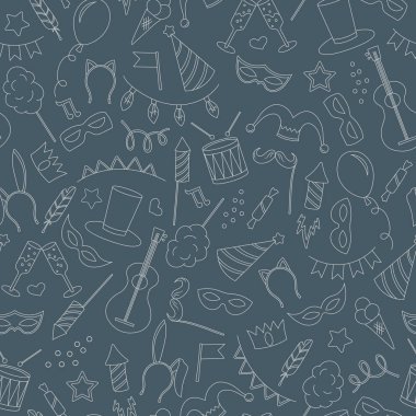 Maskeli balo ve carnival, basit kontür simgeler, beyaz kontur koyu arka plan üzerinde tema seamless modeli