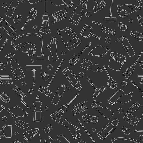 Temizlik ve ev donanımları ve temizlik ürünleri, karanlık bir arka plan üzerinde beyaz anahat temalı seamless modeli