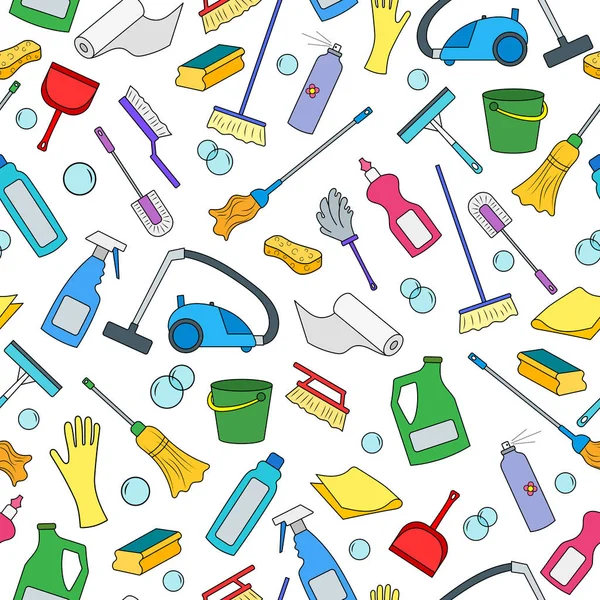 Seamless pattern on the theme of cleaning and household equipment and cleaning products,color icons on white background — Stock Vector