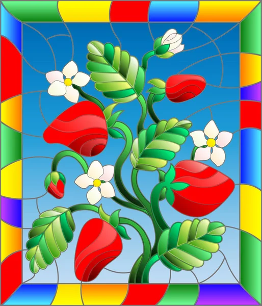 Ilustración en estilo vitral con flores, bayas y hojas de fresa en un marco brillante — Vector de stock