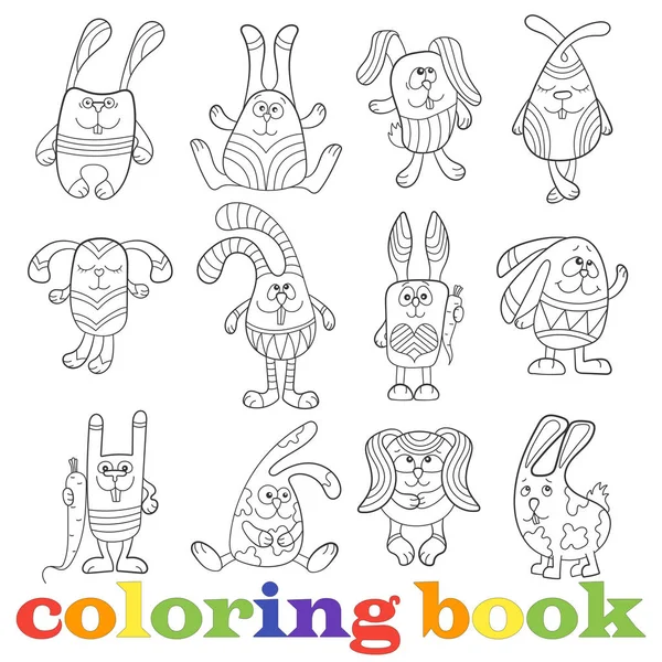 Illustratie met set van contour grappige konijnen, coloring boek — Stockvector