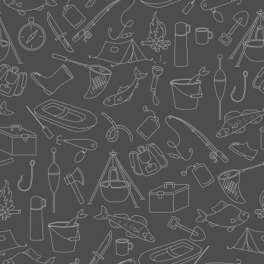 Balık tutma, bir basit çizilmiş kontur simgeleri koyu arka plan Tema seamless modeli