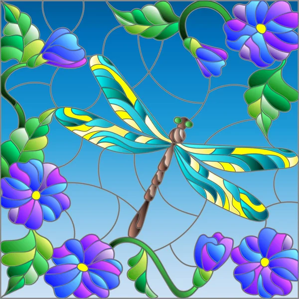 对天空、 叶子和花朵明亮蜻蜓彩色玻璃风格的插图 — 图库矢量图片
