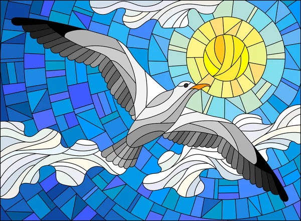Illustrazione in stile vetrate Gabbiano sullo sfondo del cielo, sole e nuvole — Vettoriale Stock