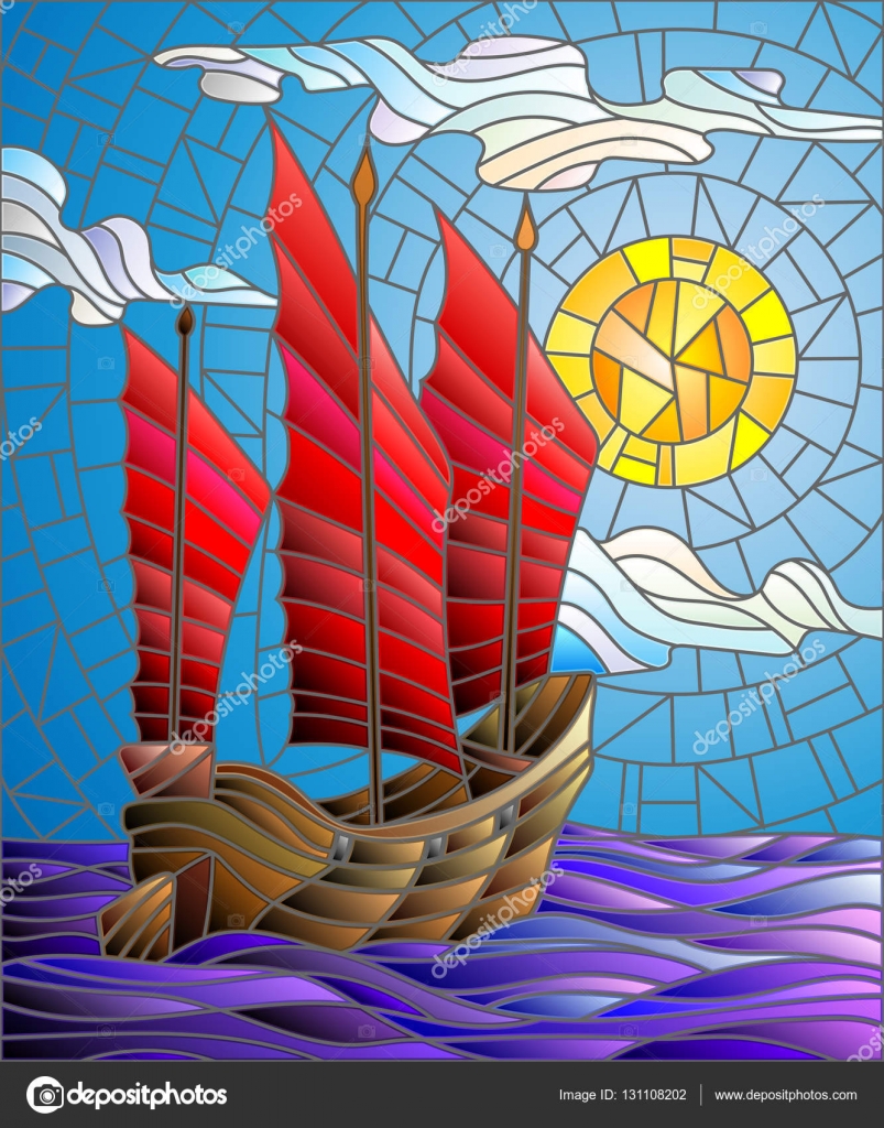 Illustrazione in vetro colorato stile orientale la nave con le vele rosse sullo sfondo del cielo sole e mare — Vettoriali di Zagory