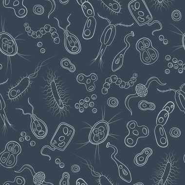 Bakteri, mikrop ve virüs koyu arka plan üzerinde kontur görüntüleri ile Seamless Modeli