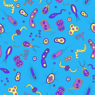 Bakteri, mikrop ve virüs üzerinde mavi bir arka plan görüntüleri ile Seamless Modeli