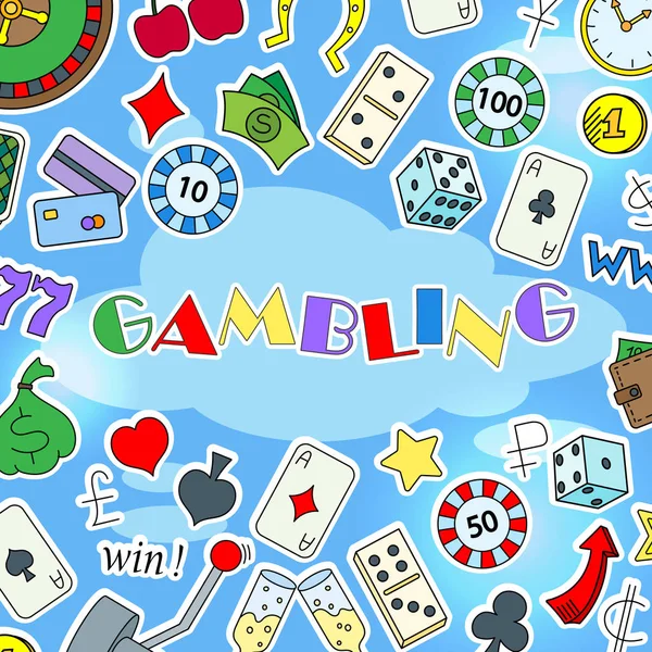 De achtergrondafbeelding op het thema van gokken en geld eenvoudige geschilderde pictogrammen op blauwe achtergrond — Stockvector
